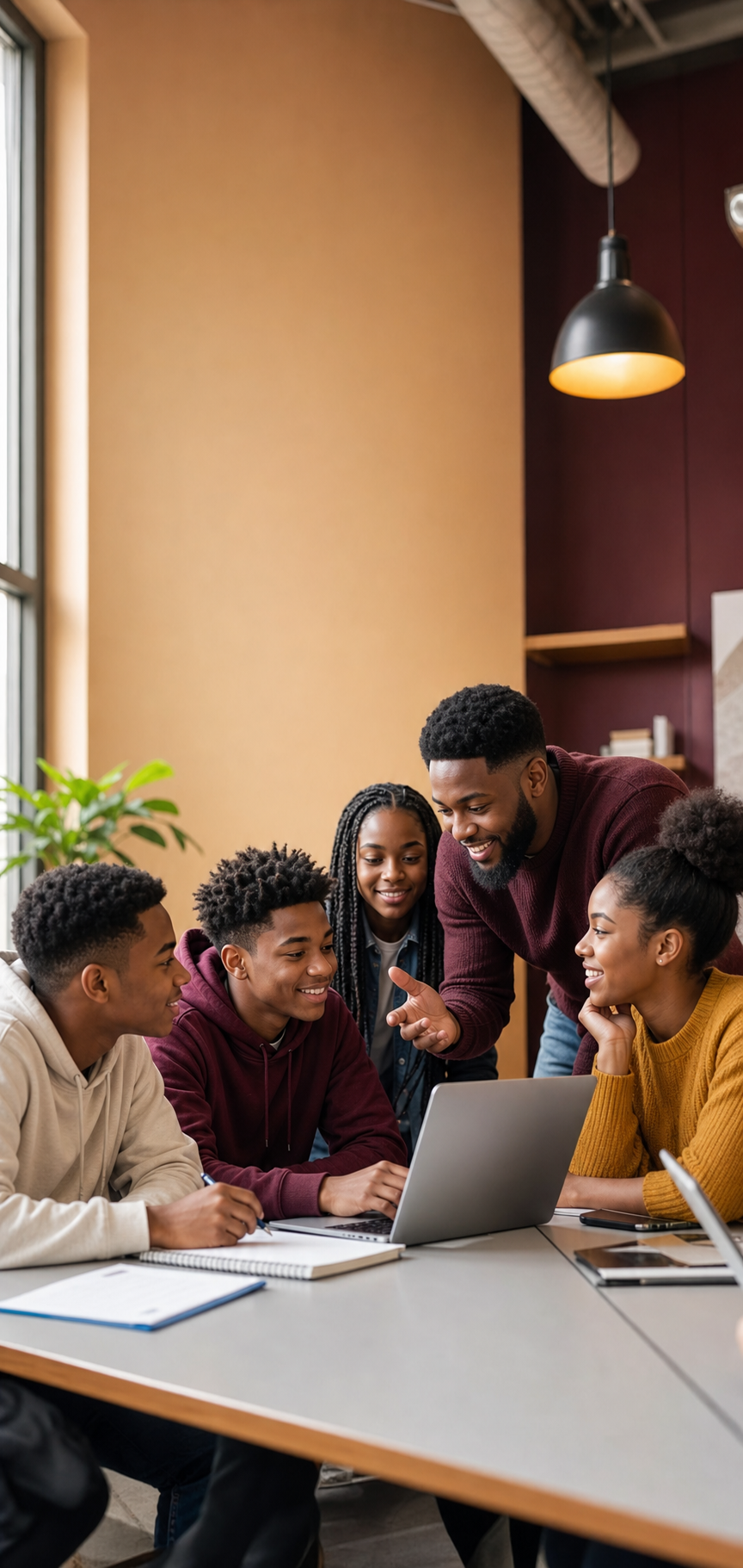 Black students collaborating around laptops in a bright learning studio
